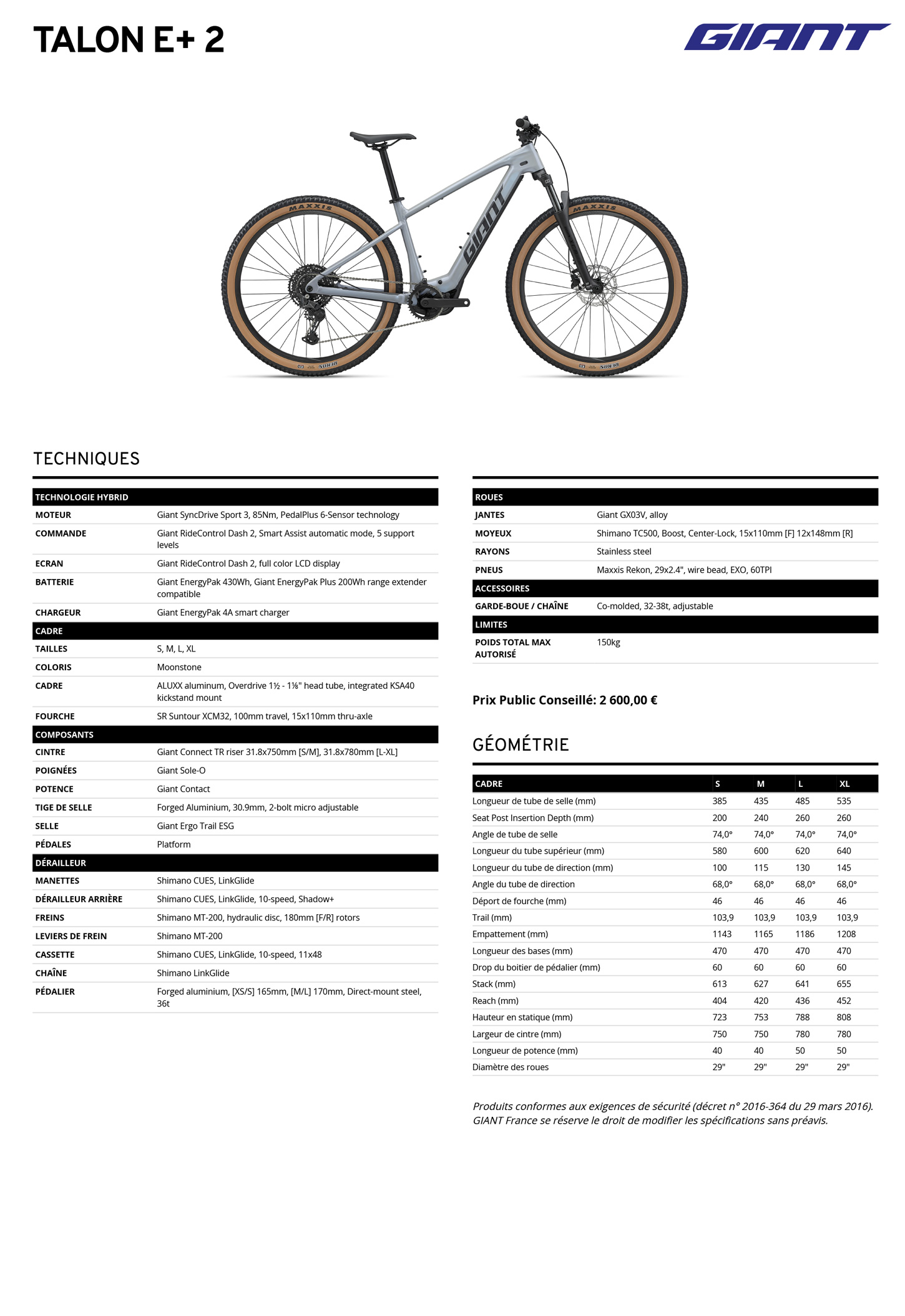 Fiche technique du velo électrique Talon E+ 2 année 2027